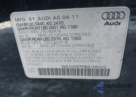 2011 Audi Q5 2.0T Premium из США, поврежденный, VIN WA1LFAFP5BA105422